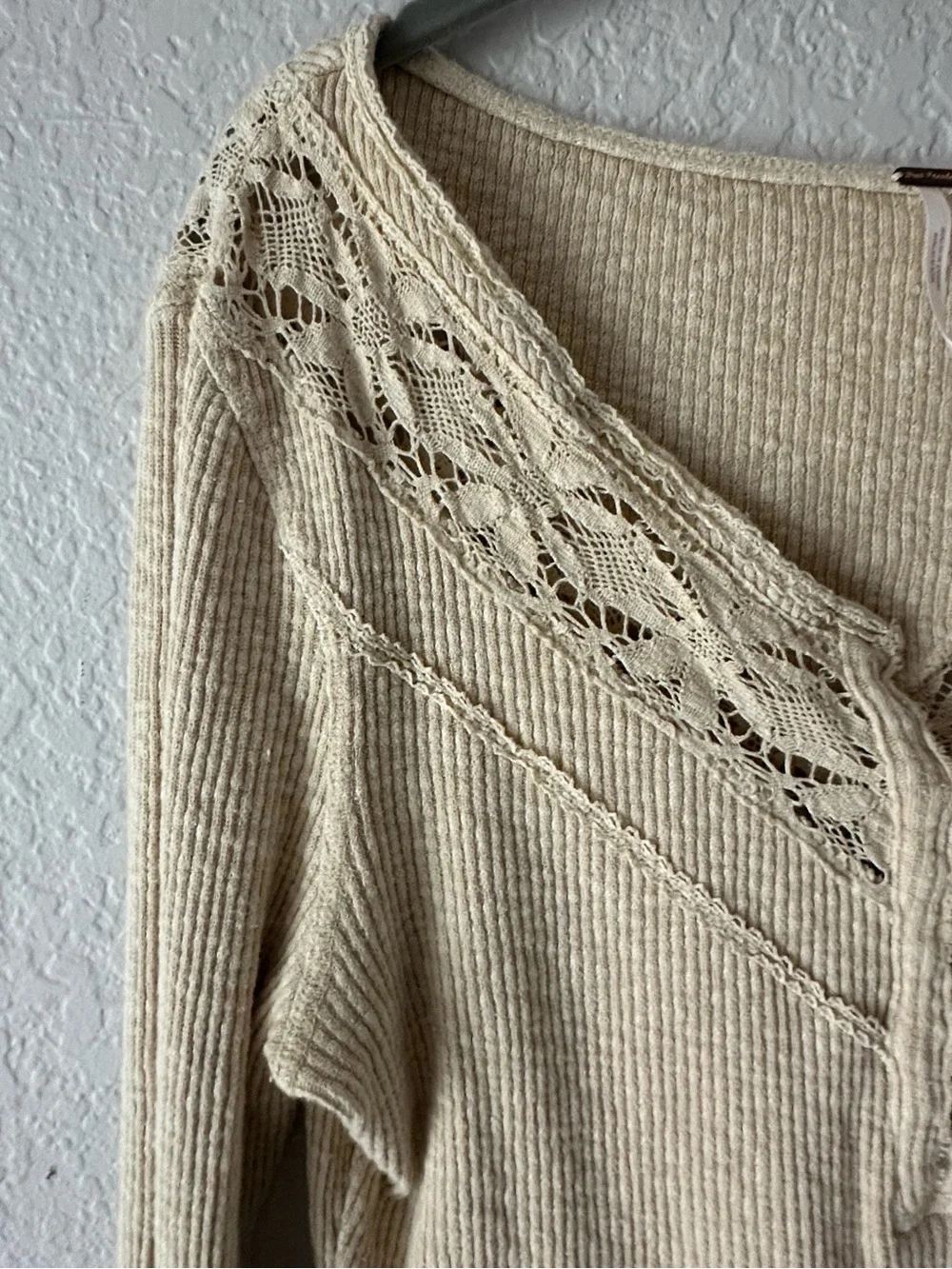 Free People Oatmeal Combo Thermal Henley - Lace Trim Waffle Knit Top - XL NWT